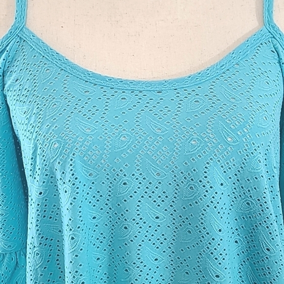 *NWT* MICHAEL MICHAEL KORS Turquoise/Light Blue Cold Shoulder Ruffle Top, size S - Picture 3 of 8